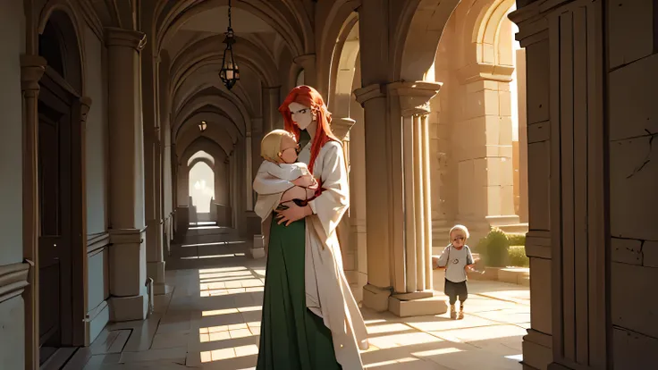 Draw a young mother with red hair and a long green dress holding her son in her arms, the son is still a one year old baby and has little platinum blonde hair, the two are in a corridor of an ancient castle made with stones in a gray hue