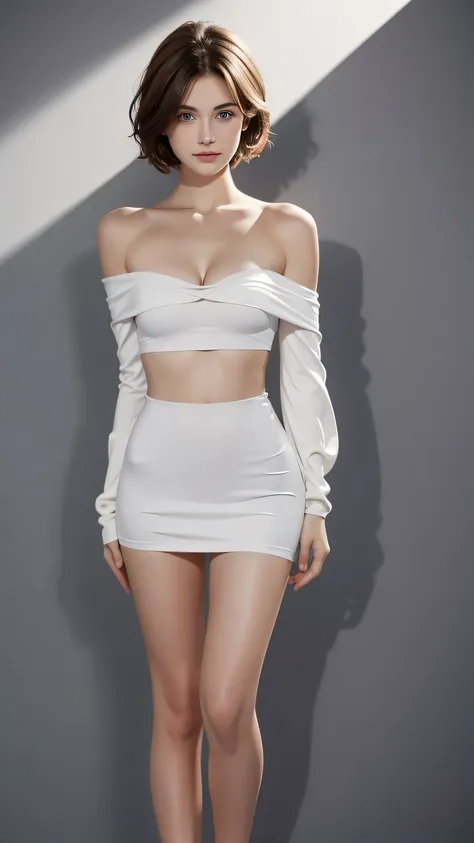 Tight white top:1.2, Looking at the audience, light, Perfect, Soft Light, High resolution skin:1.2, Realistic skin texture, 18 year old female, naked、Small face、without make-up、Off-shoulder,Bust B cup、 Cleavage exposed, blue eyes, short hair, Dark brown ha...