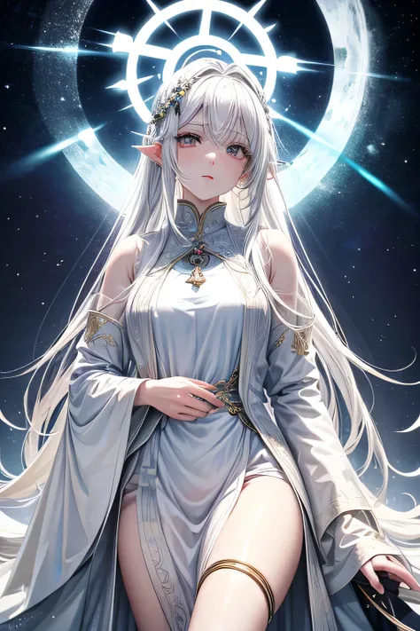 white haired deity, goddess of apathy, a saints halo, holy aura, celestial theme