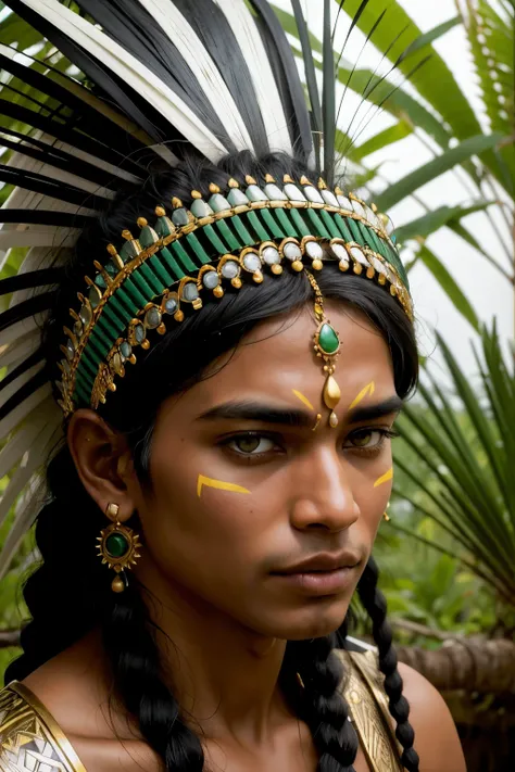 ((drawing quality)), ((warrior)), (detailded), 1 Indian man, skin black, green headdress, face with signs,ubirajara, Amazonia,Woodland, CABOCLO, oxossi,