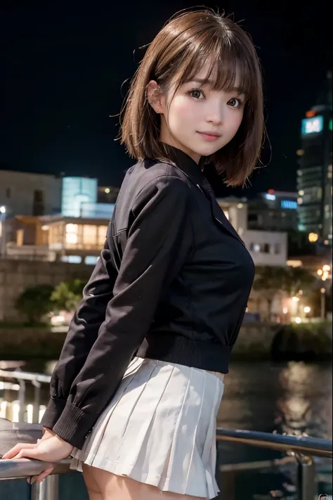 SFW:1.1, 
((kaiyomuseum Background Right:1.4)), ((porttower Background Left:1.3)), water reflection, city lights, neon lights, 
Water Front, Stainless RoundBar Deck, 
Perfectly Anatomically Correct:1.2, 
1 Japanese Girl, (Short Hair Bun:1.1), Wide-Set Eyes...