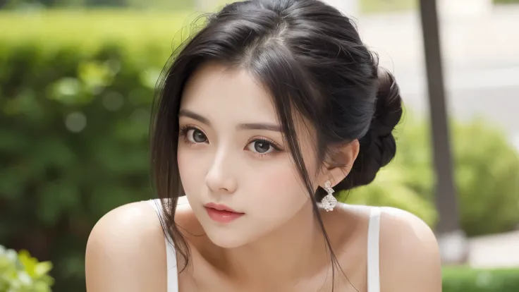 Masterpiece, high quality, close-up of face, front view, 19-year-old girl, big eyes, long black hair, updo in the back, white camisole, big breasts, one shoulder