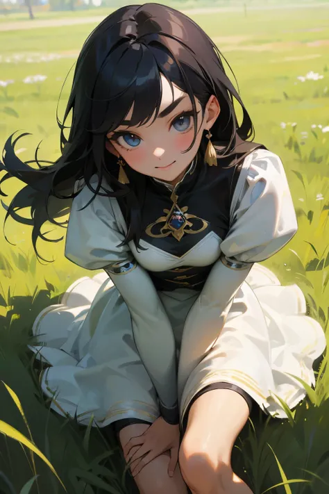 (masterpiece, best quality:1.5), brightening light, beautiful eyes, ultra-detailed face,  ((perfect anatomy)), (professional look), 
BREAK 1 girl, long hair, black hair, straight hair, short bangs above brows, seductive smile,  sitting on the grass, 
BREAK...