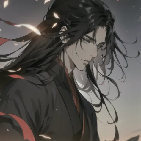 (masterpiece, best quality:1.2), 1male, solo, wei wuxian, mo dao zu shi, mdzs, black clothes, grey eyes, long black hair, perfect anatomy, full body, Acacia flowers