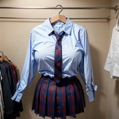 in closet, on hanger, school blouse on hanger, stripe tie, plaid skirt, fat, (invisible, no human, headless, handless:1.5)