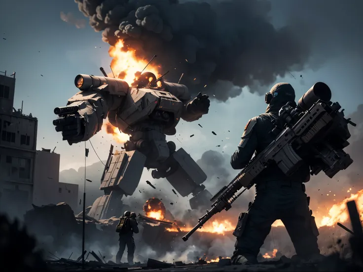 A sniper in an mech-suit with an overly large sniper rifle taking shots at enemies in the distance. you can see the destruction caused by the sniper, explosions, smoke billowing off in the distance. High tech rifle, high tech exo suit