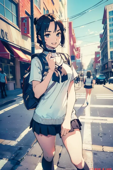 masterpiece, Highest quality, One High School Girl 10.0,Very detailed,Rin々Nice face,Open Mouth Smile,Black eyes,Legs visible through a short skirt,Natural Beauty,Cinematic,Medium chest,Walking in the downtown area,Carrying a backpack,Showing from the knees...