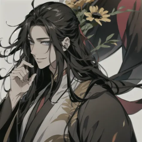 (masterpiece, best quality:1.2), 1male, solo, wei wuxian, mo dao zu shi, mdzs, black clothes, grey eyes, long black hair, perfect anatomy, smile, Acacia flowers
