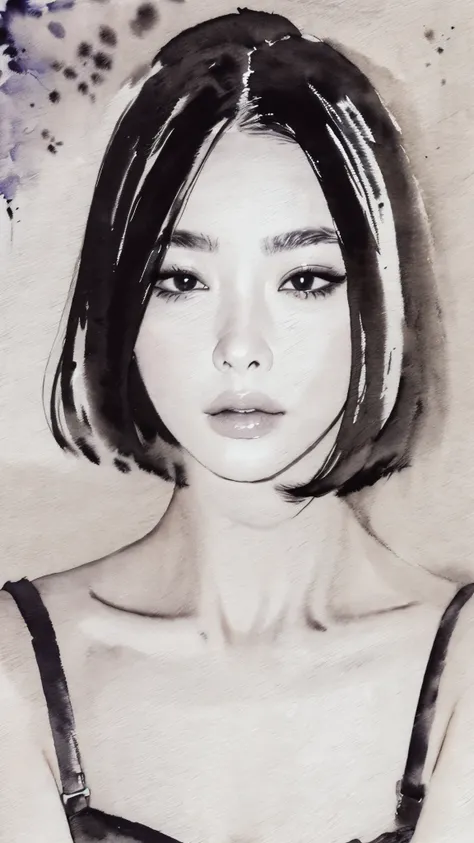 (masterpiece:1.2),(Highest quality),(Very detailed:,(High resolution),((Watercolor)),((Monochrome)),8K,Woman Drawing,Beautiful Japanese Woman,((Black Hair)),Short Bob,Close-up of face,(sleepy)