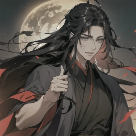 (masterpiece, best quality:1.2), 1male, solo, wei wuxian, mo dao zu shi, mdzs, black clothes, grey eyes, long black hair, perfect anatomy, smile