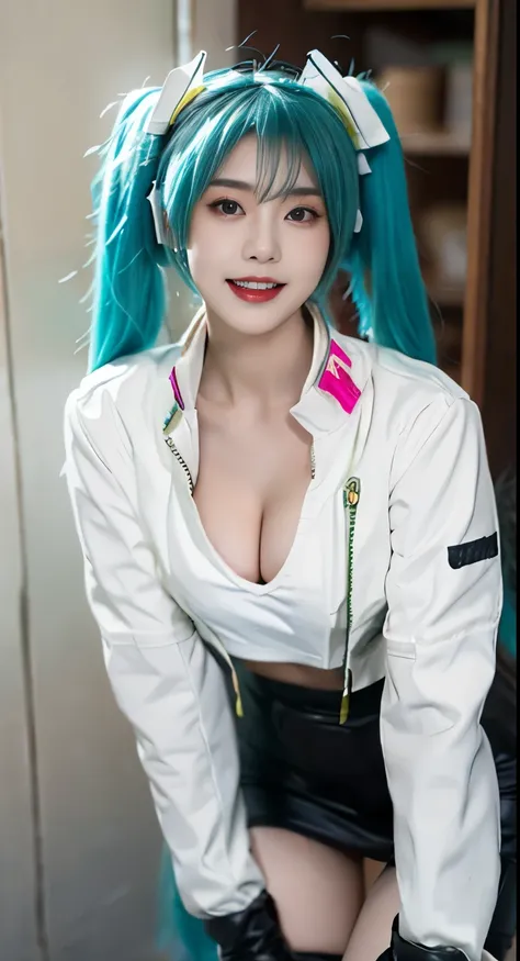 hatsune miku cosplay costume, hatsune miku, racing miku, cosplay, twintails, aqua hair, very long hair, bodysuit, black bodysuit, asymmetrical bodysuit, crop top, white crop top, cropped jacket, white cropped jacket, long sleeves, logo on crop top, logo, p...