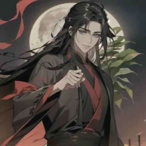 (masterpiece, best quality:1.2), 1male, solo, wei wuxian, mo dao zu shi, mdzs, black clothes, grey eyes, long black hair, perfect anatomy, smile
