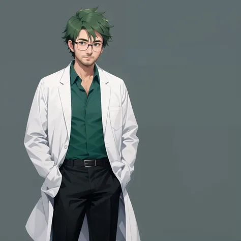 1 old man, 30 years old, white lab coat, dark green hair, blue collared shirt, black pants, glassese, full body, standing, lower...