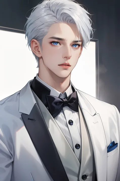 boy, silver hair, blue eyes, serious sharp features, white skin, shiny lips, handsome, perfect, formal suit