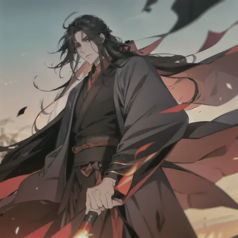 (masterpiece, best quality:1.2), 1male, solo, wei wuxian, mo dao zu shi, mdzs, black clothes, grey eyes, long black hair, perfect anatomy, full body