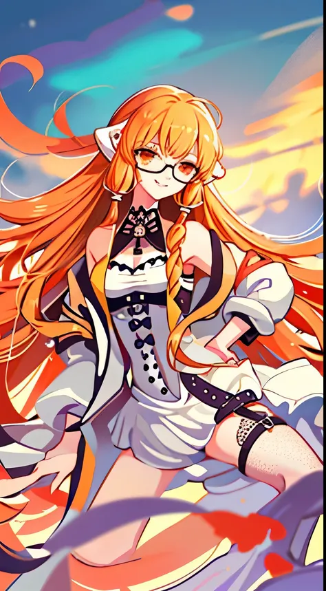 1 girl, solitary, by the riverside, orange hair, drill hair, glasses on head, orange eyes, jewelry, bow, white dress, purple jacket, earrings, hands on hips, looking at viewer, winking, silly smile, outdoor, city