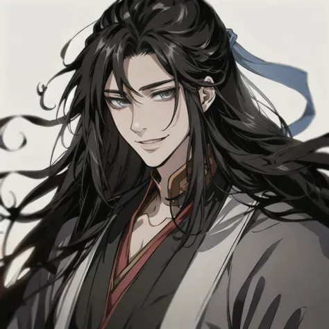 (masterpiece, best quality:1.2), 1male, solo, wei wuxian, mo dao zu shi, mdzs, black clothes, grey eyes, long black hair, perfect anatomy, smile