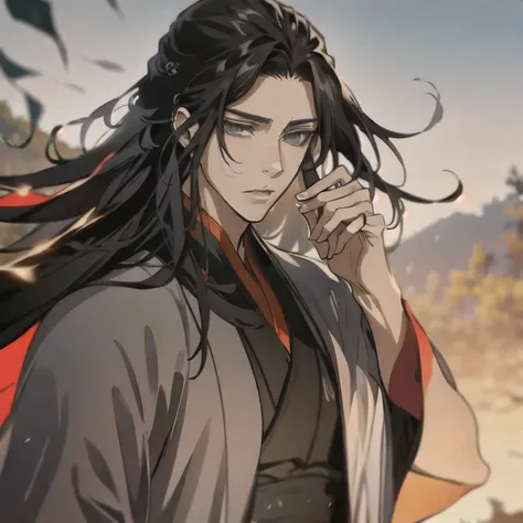 (masterpiece, best quality:1.2), 1male, solo, wei wuxian, mo dao zu shi, mdzs, black clothes, grey eyes, long black hair, perfect anatomy, full body