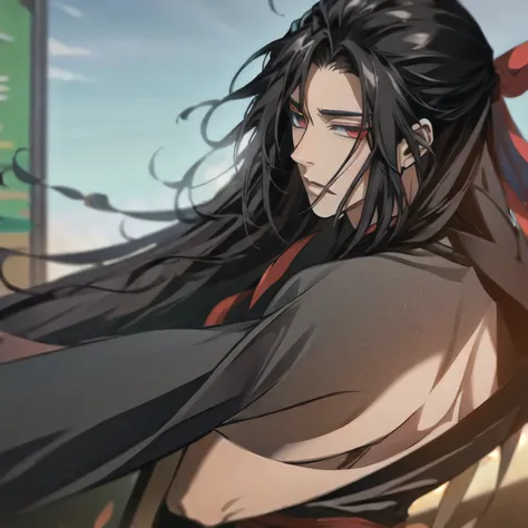 (masterpiece, best quality:1.2), 1male, solo, wei wuxian, mo dao zu shi, mdzs, black clothes, grey eyes, long black hair, perfect anatomy, full body