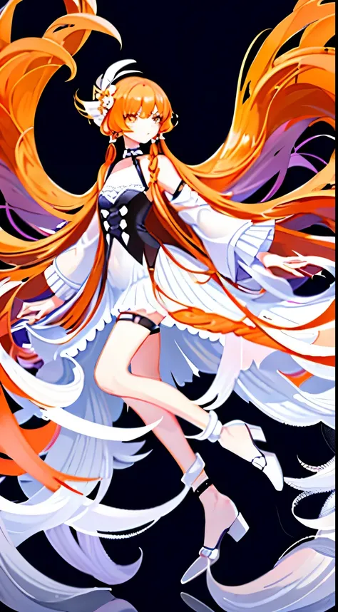 1 Girl, Solitary, Go to the river, Orange Hair, Drilling hair, Orange eyes, Jewelry, bow, White Dress, Purple Jacket, period, earrings, have, permanent, Hands on Hips, Looking at the audience
