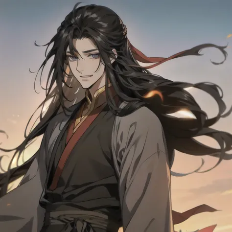 (masterpiece, best quality:1.2), 1male, solo, wei wuxian, mo dao zu shi, mdzs, black clothes, grey eyes, long black hair, perfec...