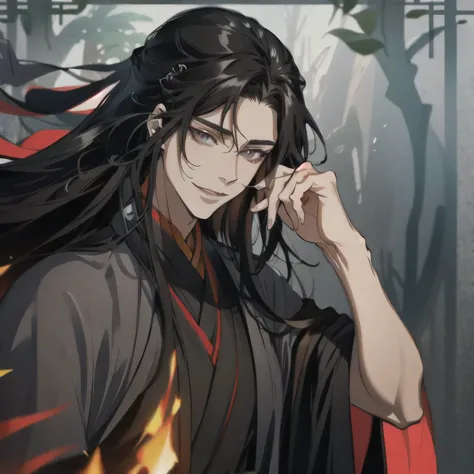 (masterpiece, best quality:1.2), 1male, solo, wei wuxian, mo dao zu shi, mdzs, black clothes, grey eyes, long black hair, perfect anatomy, smile