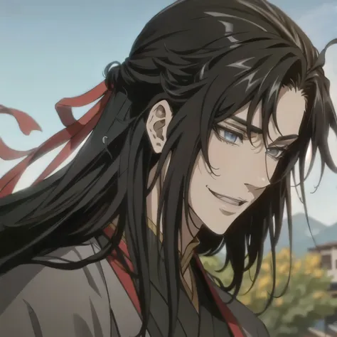 (masterpiece, best quality:1.2), 1male, solo, wei wuxian, mo dao zu shi, mdzs, black clothes, grey eyes, long black hair, perfect anatomy, smile