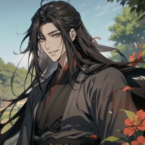(masterpiece, best quality:1.2), 1male, solo, wei wuxian, mo dao zu shi, mdzs, black clothes, grey eyes, long black hair, perfect anatomy, smile, Acacia flowers