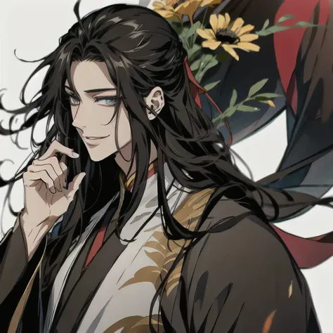 (masterpiece, best quality:1.2), 1male, solo, wei wuxian, mo dao zu shi, mdzs, black clothes, grey eyes, long black hair, perfect anatomy, smile, Acacia flowers