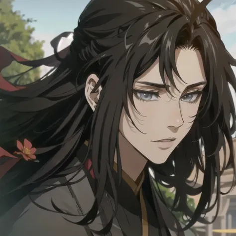 (masterpiece, best quality:1.2), 1male, solo, wei wuxian, mo dao zu shi, mdzs, black clothes, grey eyes, long black hair, perfect anatomy, Acacia flowers