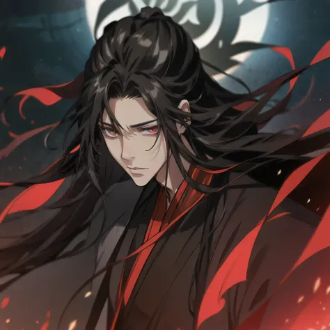 (masterpiece, best quality:1.2), 1male, solo, wei wuxian, mo dao zu shi, mdzs, black clothes, grey eyes, long black hair, perfect anatomy, full body