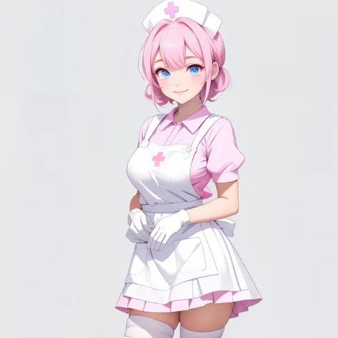 1girl, solo, nurse, nurse cap, pink collared dress, white apron, ((white legwear, zettai ryouiki)), white gloves, pink hair, blu...