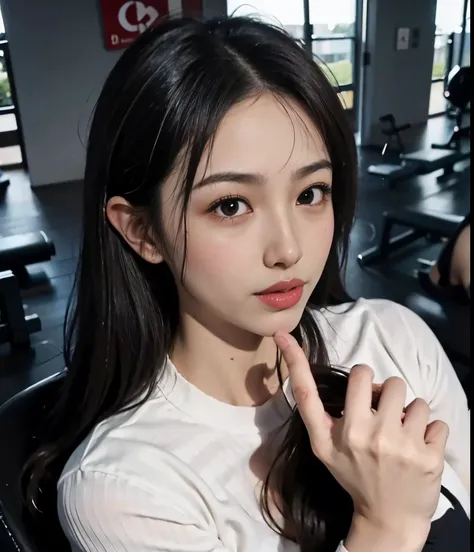 (masutepiece), (pov close up), Best Quality, masutepiece, (Photorealistic:1.2), 1womanl, selphie,  Front view, Realistic skin, (Round face), hair messy, Brown hair, human skin imperfection, Blackout lighting, Full body,Being in the gym、Power Rack、High Neck...