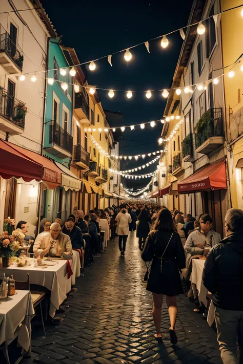 Alfama Night Scene during the Santo Antônio Festivities Background and Environment:

The scene takes place on a summer night in a historic neighborhood in Lisbon., like Alfama.
The narrow, winding cobblestone streets are illuminated by festive lights and c...