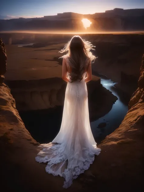 woman in a white dress stands on a rock overlooking the river, Mark Adams, flowy dress, amazing photo shoot, inspired Michael Komark, Flowing white dress, flowy dress, ethereal back light, 5 0 0 px, 500 pixels, Michael Komark, unearthly beauty, Max Reeve, ...