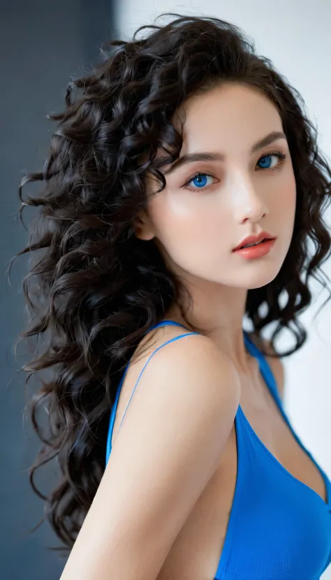 Sexy hot model, Curly Dark Hair, Deep blue eyes, Fitness--ar 16:9 -