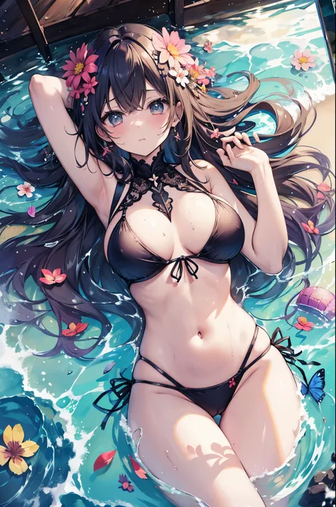 masterpiece、Vast landscape（（The Sunset Sun、Meteors、Vast sandy beach、Mystic Sea））、Approximately 20 years old、Beautiful girl、Huge boobs、bikini、Delicate embroidery、Tie up your hair and pin flowers in it、color々Pause、Wet Hair、Your body is wet、sweating、Lie on yo...