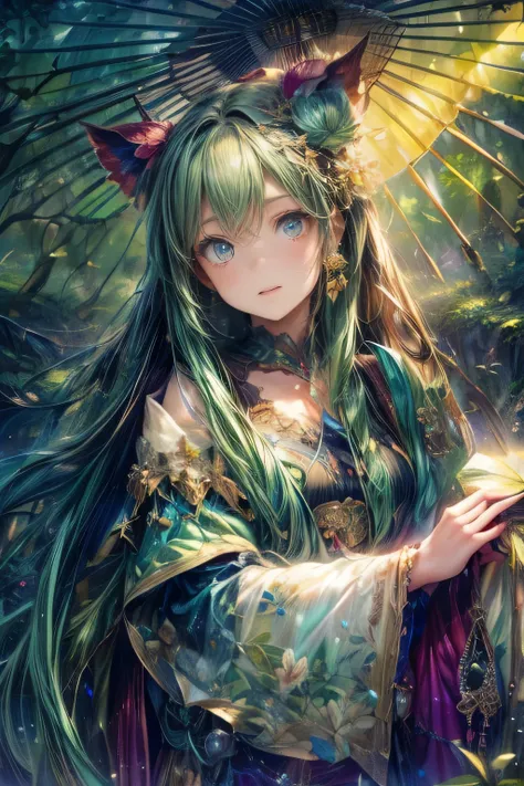 full-body view, masterpiece:1.2, highest quality, highres, 16k, ultra-realistic, photorealistic:1.37, beautifuldetailed, anime style illustration, 1girl, princess, light green hair, green forest spirit, beautiful light green hair, nature, fantastical, deta...