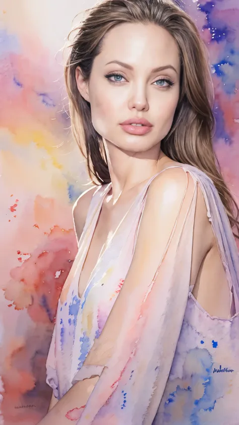 (masterpiece:1.2),(Highest quality),(Very detailed:,(High resolution),(((Watercolor))),8K,Woman Drawing,Angelina Jolie,((Transparent watercolor))