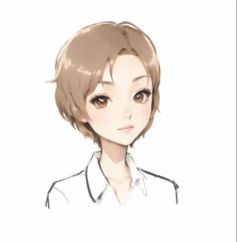 a close up of a drawing of a woman with a short hair, with short hair, Anime Styleに, Anime characters, Anime Style, Anime Styleのポートレート, female Anime characters, Anime Styleキャラクター, Anime Portrait, Half Body Portrait, Brown Hair, as an Anime characters, Cart...