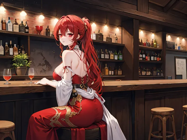 Crossing your legs, Anime style painting, An illustration, Liquor, Woman sitting at a bar drinking a cocktail, look return, return, Colorful liquor bottles are lined up on shelves in the background., Quiet bar, Calm expression, Perfect hands, elder, Redhea...