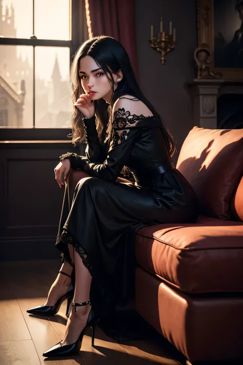 painterly art, hyperrealism, realistic face, exquisite fine details, side view, wonderful young evil cute teen girl, empty look, black long hair, pale eyes, preppy, luxurious black dress, heels, sitting on carved couch, tanking tea, in dark manor living ro...