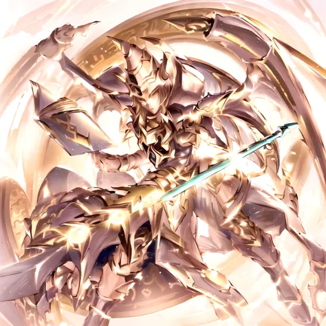 a closeup of a cartoon character with a sword and a clock, yugioh art style, estilo yugioh, mystical anubis valkyrie, yugioh artwork, draconic looking white armor, darius puia, beautiful biomechanical djinn, golden paladin, male djinn male demon hybrid, kn...