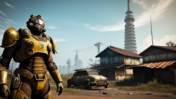 fallout, indonesia theme, post-apocalyptic, jakarta, nation, identic, vernacular, authentic, realistic, indonesia, fallout 4 style, a human inside big power armor showing to camera upclose