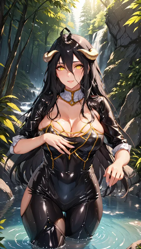 score_9, score_8_up, score_7_up, score_6_up, uncensored, albedo, long hair, black hair, horns, demon girl, demon horns, albedo (overlord), hair between eyes, yellow eyes, slit pupils, naughty face, shiny skin, sweating, steaming body, heavy breathing, BREA...