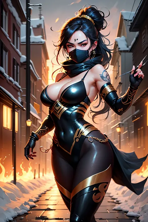 8k wallpaper of a mysterious beautiful masked kunoichi ninja wearing eyeliner and gold jewelry in the streets of a dark snowy town in russia, by artgerm, intricate detail, trending on artstation, 8k, fluid motion, stunning shading, by wlop