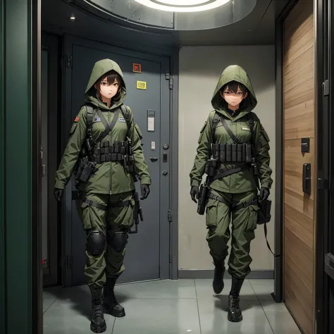 Two female soldiers dressed the same、Dark green M-51 hooded combat uniform，Hooded on head，Tactical harness、Magazine Pouch、Military Pants、Guard at the elevator door、Show only the upper thigh area、Best quality、Very detailed、8K