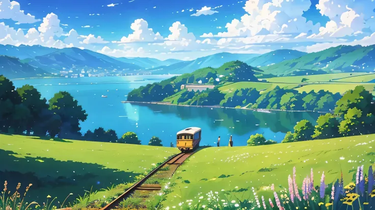 Train running through the countryside, Wide green field, The fields are full of flowers, There is a lake next to the field, The train runs on a bridge over the lake., Blue sky and white clouds, A satisfying view、Real、Paintings by Makoto Shinkai