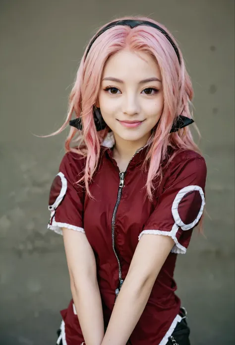 anime - style girl with pink hair posing for a picture, haruno sakura, sakura haruno, anime girl cosplay, sakura haruno in slug sage mode, anime cosplay, anime girl in real life, (highly detailed face:1.4) (smile:0.7) (background inside dark, moody, privat...