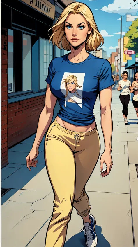 woman thin, pans jogger, blondy hair, blue eyes, Blue low-cut t-shirt. Comic style. 